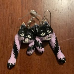 VTG wooden painted Boho hanging kitty cat earrings